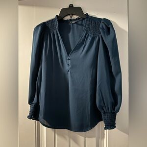 T Tahari Deep Blue Blouse with Smocked Accents